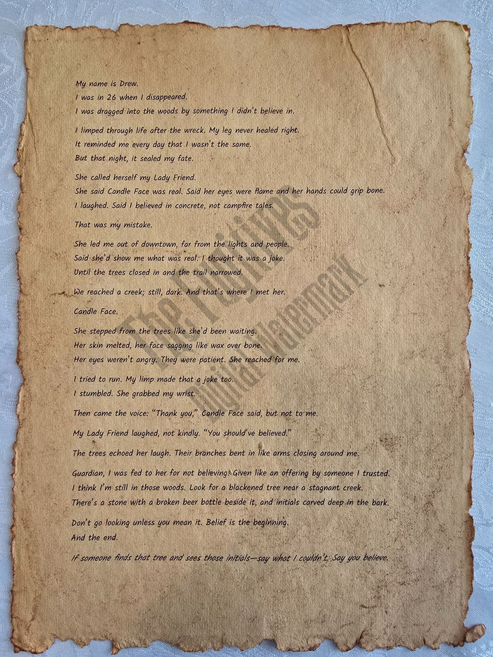 Drew: Fugitive scroll from the Candle Face Chronicles printed on aged parchment with burned edges.