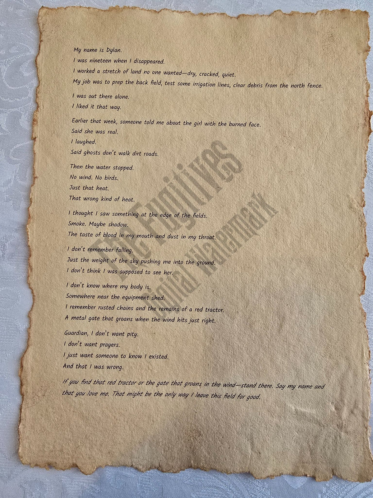 Dylan: Fugitive scroll from the Candle Face Chronicles printed on aged parchment with burned edges.