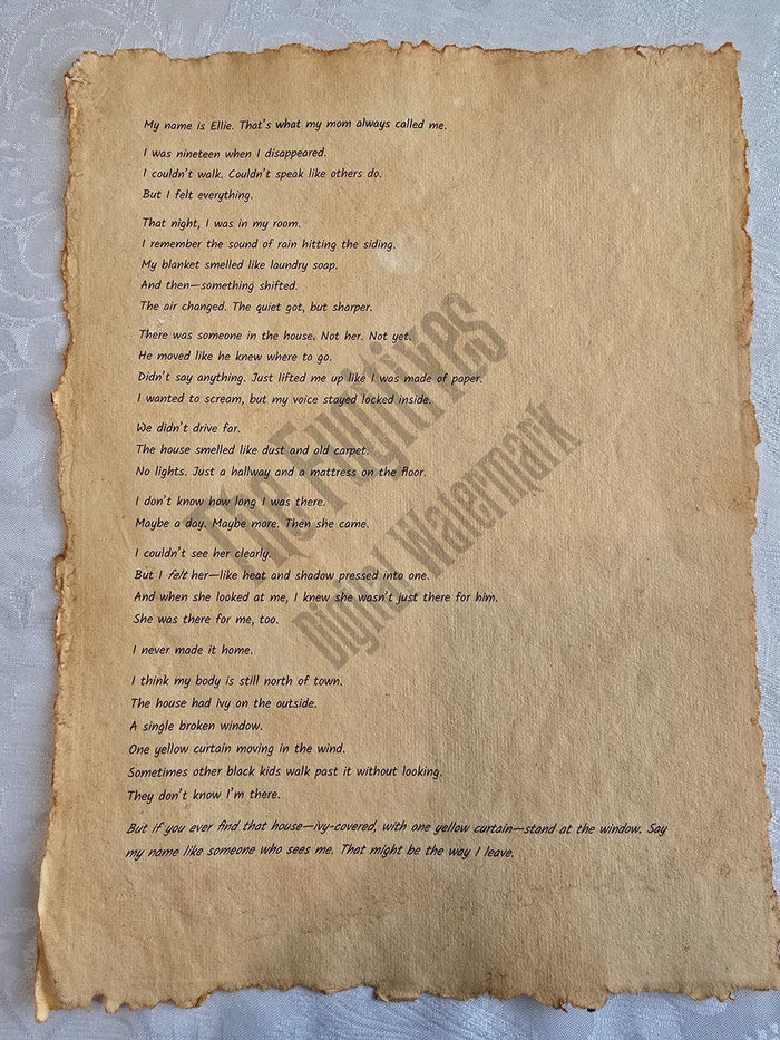 Ellie: Fugitive scroll from the Candle Face Chronicles printed on aged parchment with burned edges.