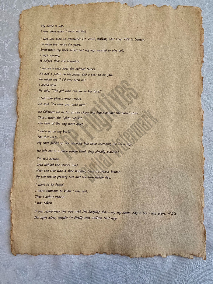 Gar: Fugitive scroll from the Candle Face Chronicles printed on aged parchment with burned edges.