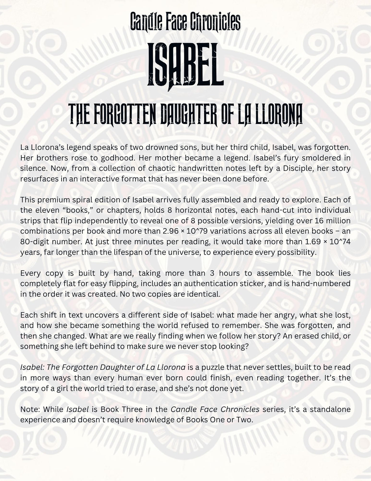 Back cover of Isabel: The Forgotten Daughter of La Llorona from Candle Face Chronicles with story summary text.