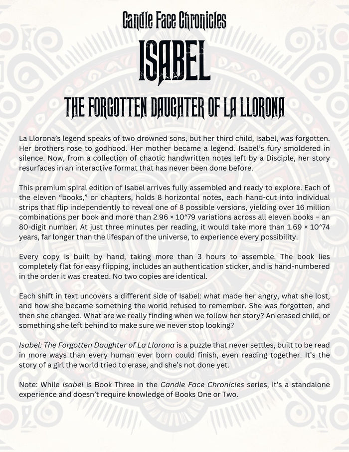 Back cover of 'Isabel: The Forgotten Daughter of La Llorona' from Candle Face Chronicles on a white background.