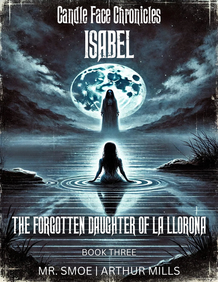 Book cover of 'Candle Face Chronicles: Isabel - The Forgotten Daughter of La Llorona' with La Llorona and Isabel by a lake and a moonlit sky.