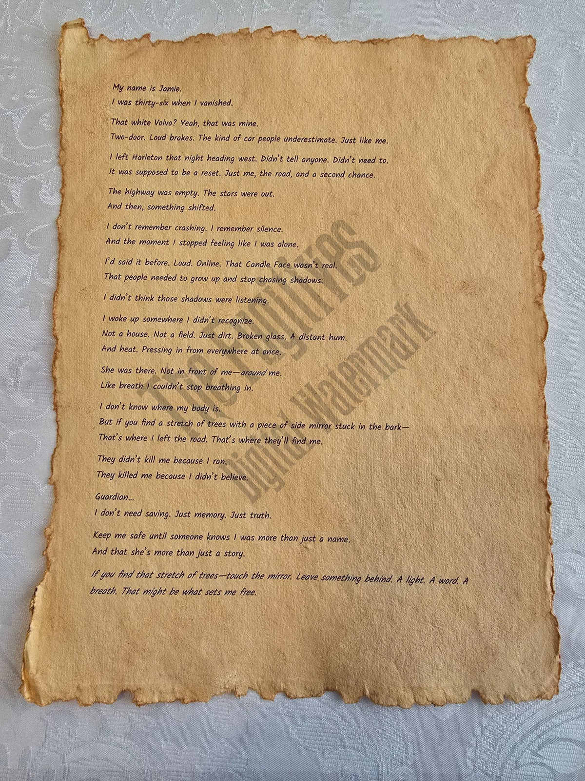 Jamie: Fugitive scroll from the Candle Face Chronicles printed on aged parchment with burned edges.