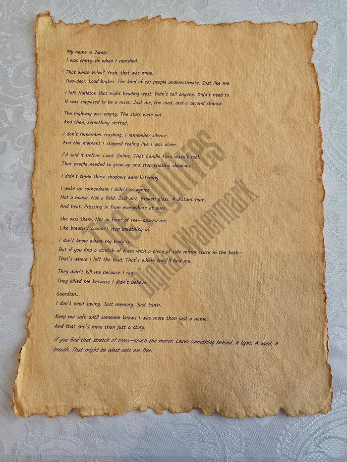 Jamie: Fugitive scroll from the Candle Face Chronicles printed on aged parchment with burned edges.