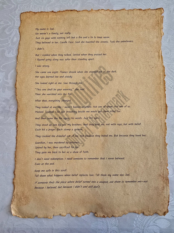 Joel: Fugitive scroll from the Candle Face Chronicles printed on aged parchment with burned edges.
