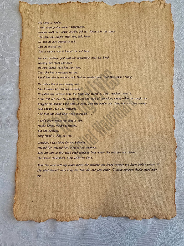 Jordan: Fugitive scroll from the Candle Face Chronicles printed on aged parchment with burned edges.