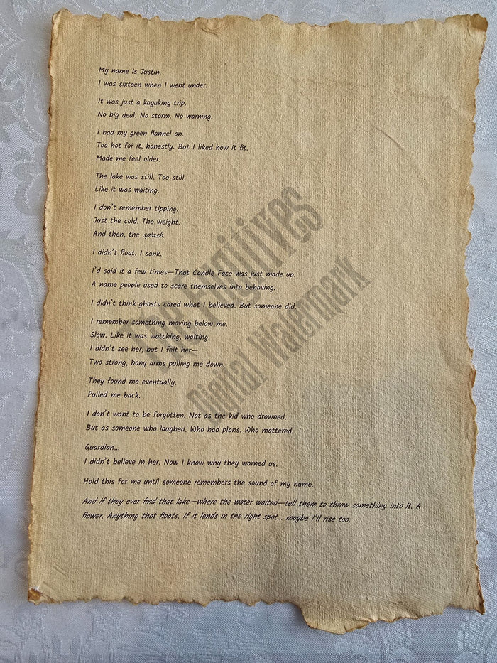 Justin: Fugitive scroll from the Candle Face Chronicles printed on aged parchment with burned edges.