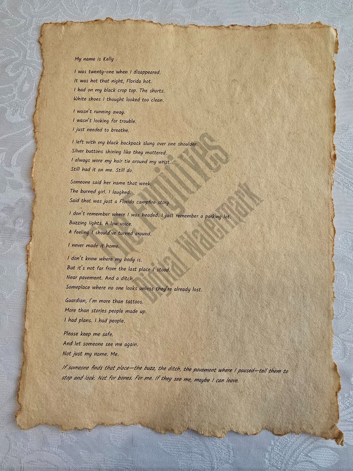 Kelly: Fugitive scroll from the Candle Face Chronicles printed on aged parchment with burned edges.