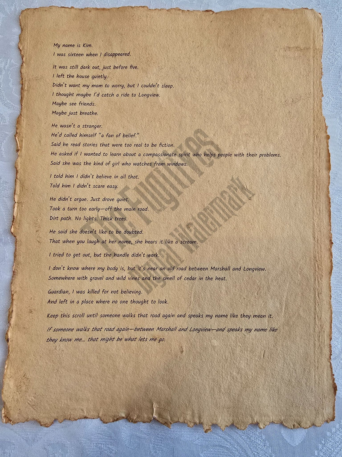 Kim: Fugitive scroll from the Candle Face Chronicles printed on aged parchment with burned edges.