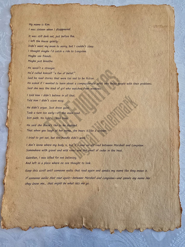 Kim: Fugitive scroll from the Candle Face Chronicles printed on aged parchment with burned edges.