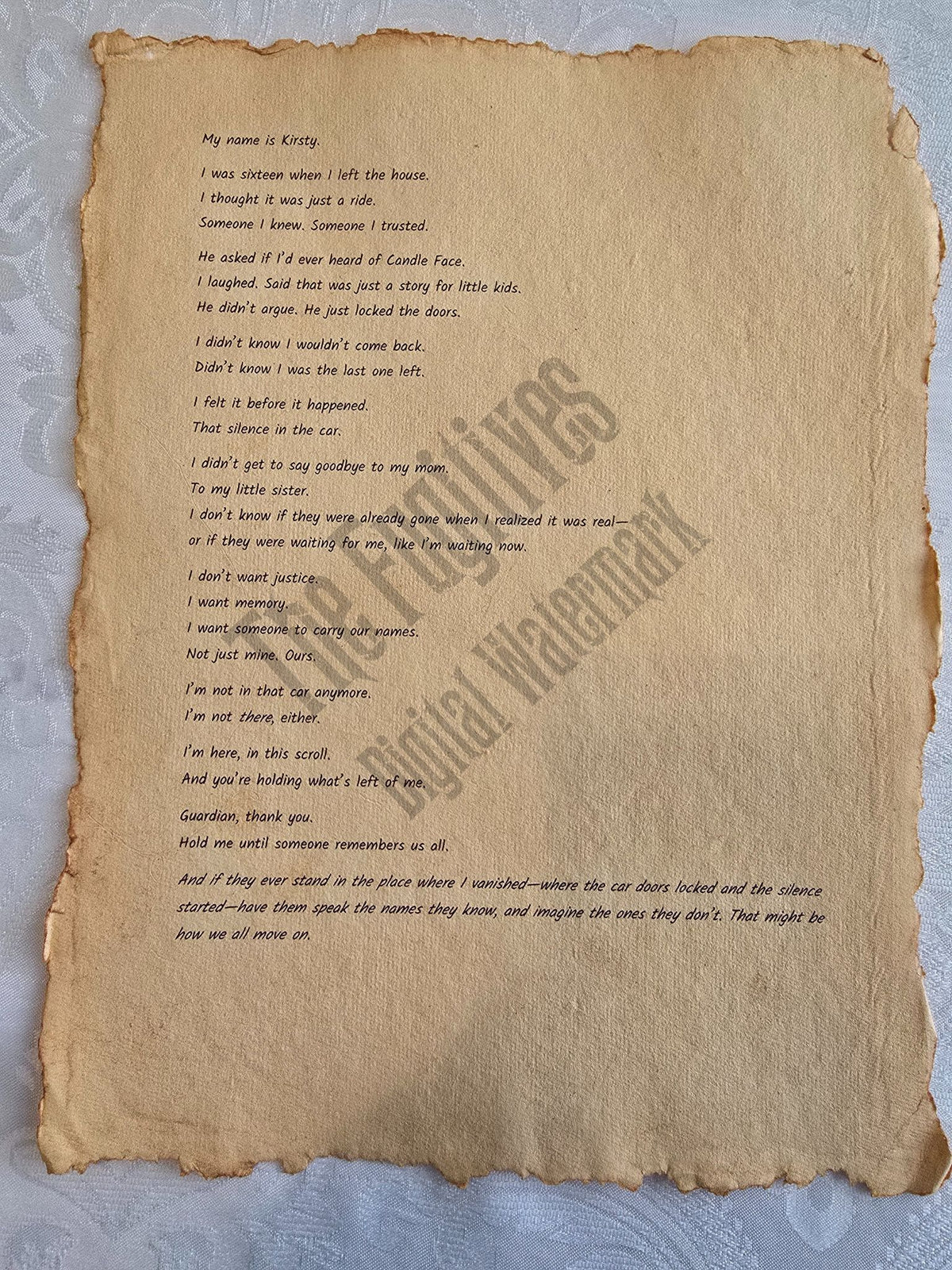 Kirsty: Fugitive scroll from the Candle Face Chronicles printed on aged parchment with burned edges.