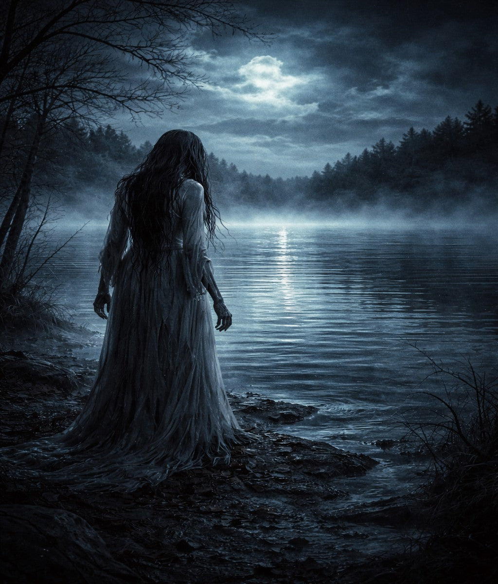 La Llorona in a white dress standing by a misty lake at night with a full moon.