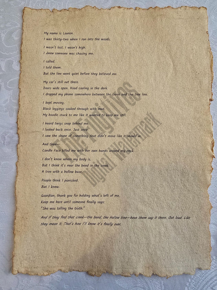 Lauren: Fugitive scroll from the Candle Face Chronicles printed on aged parchment with burned edges.