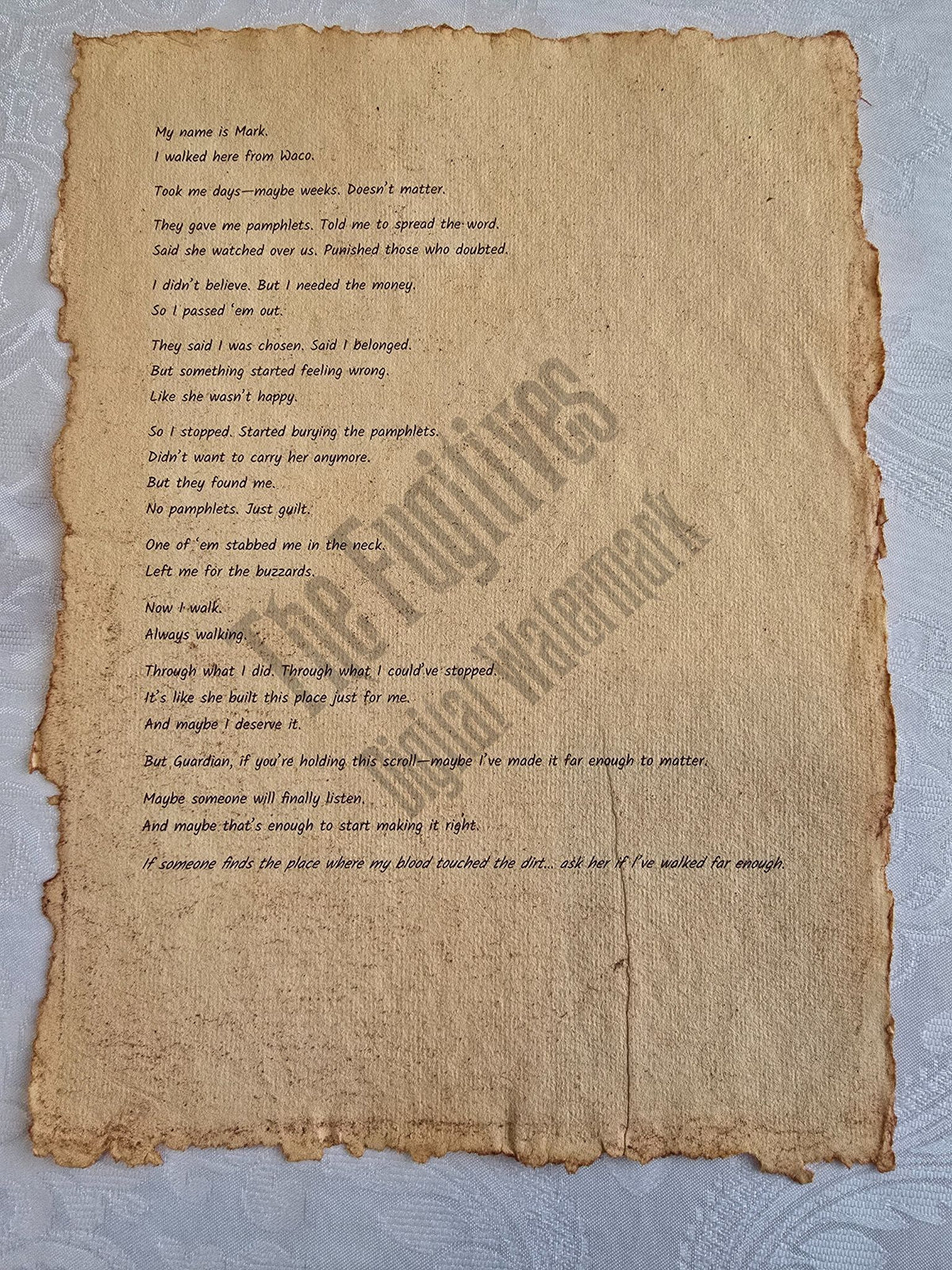 Mark: Fugitive scroll from the Candle Face Chronicles printed on aged parchment with burned edges.
