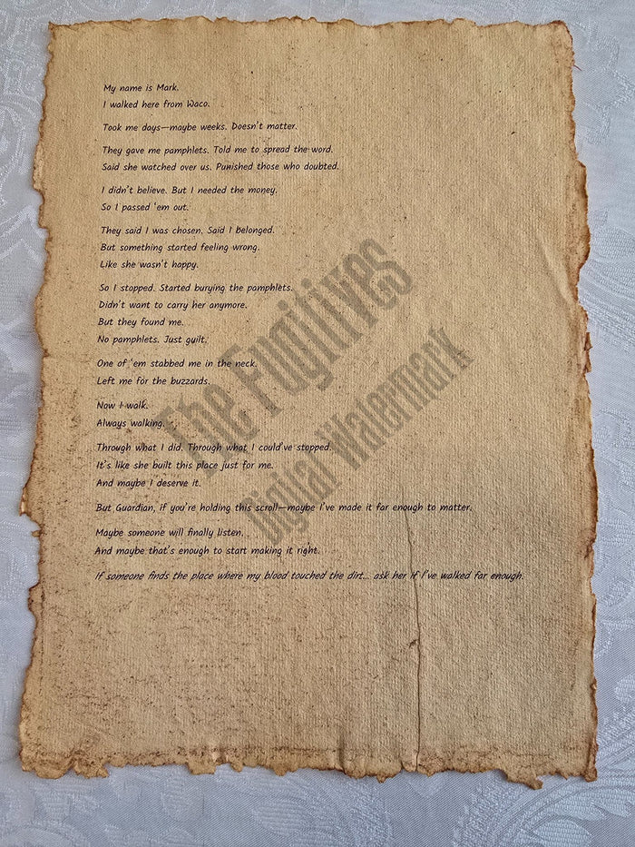 Mark: Fugitive scroll from the Candle Face Chronicles printed on aged parchment with burned edges.