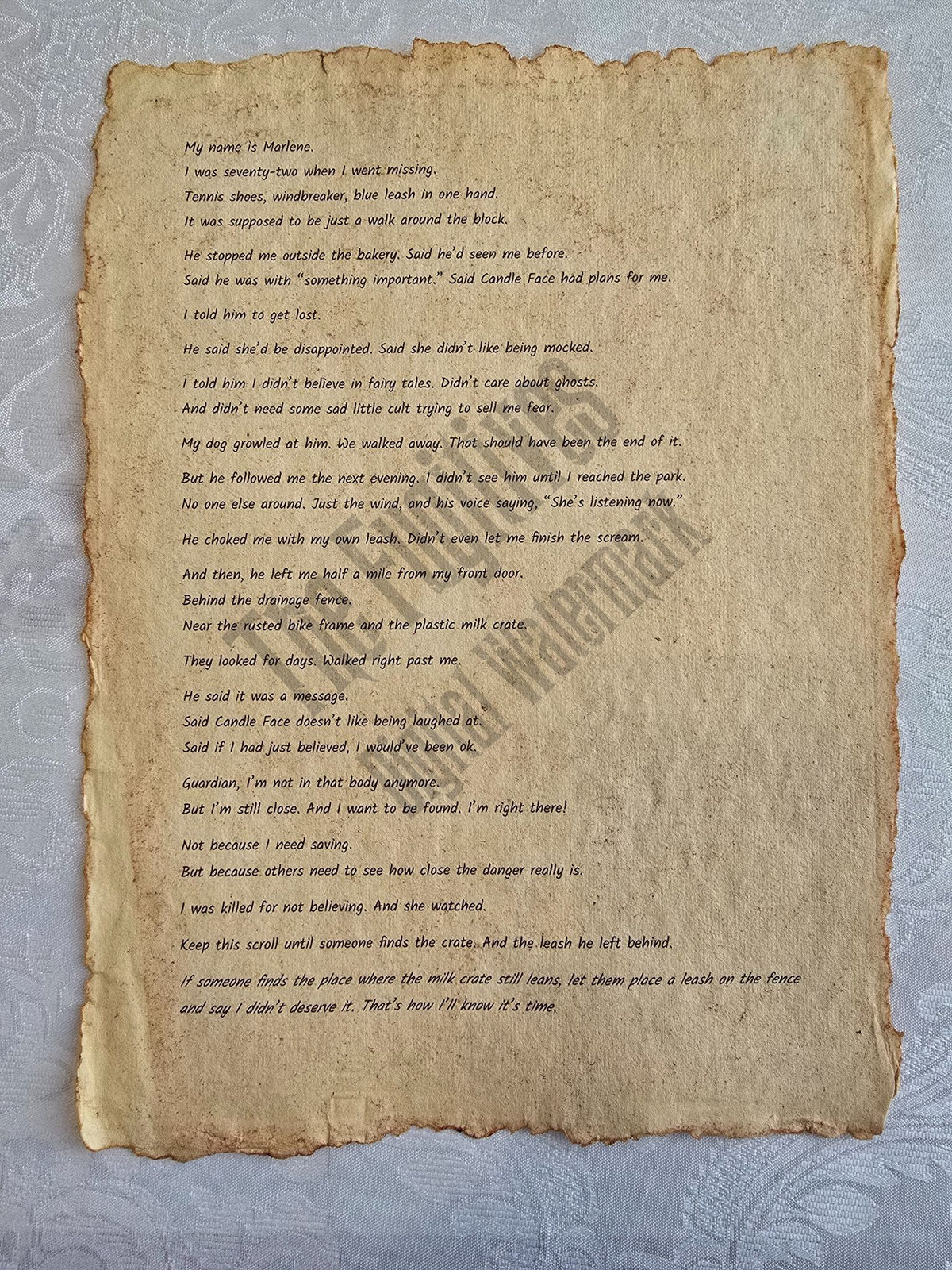 Marlene: Fugitive scroll from the Candle Face Chronicles printed on aged parchment with burned edges.