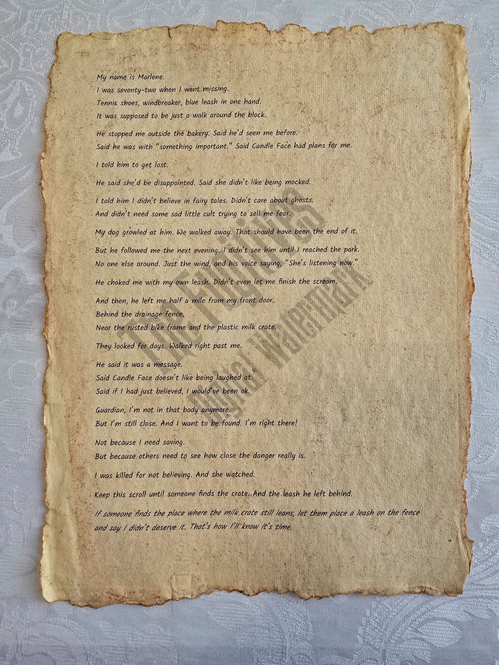 Marlene: Fugitive scroll from the Candle Face Chronicles printed on aged parchment with burned edges.
