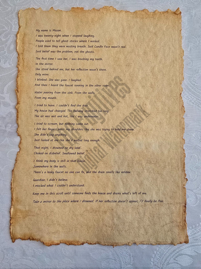 Mason: Fugitive scroll from the Candle Face Chronicles printed on aged parchment with burned edges.