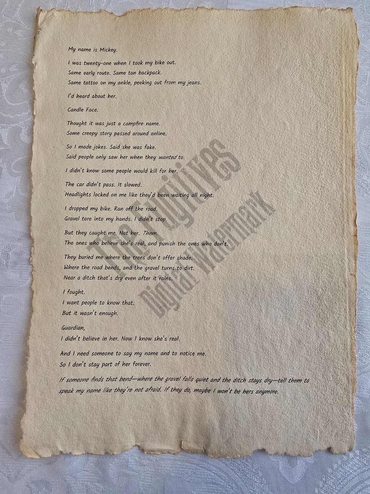 Mickey: Fugitive scroll from the Candle Face Chronicles printed on aged parchment with burned edges.
