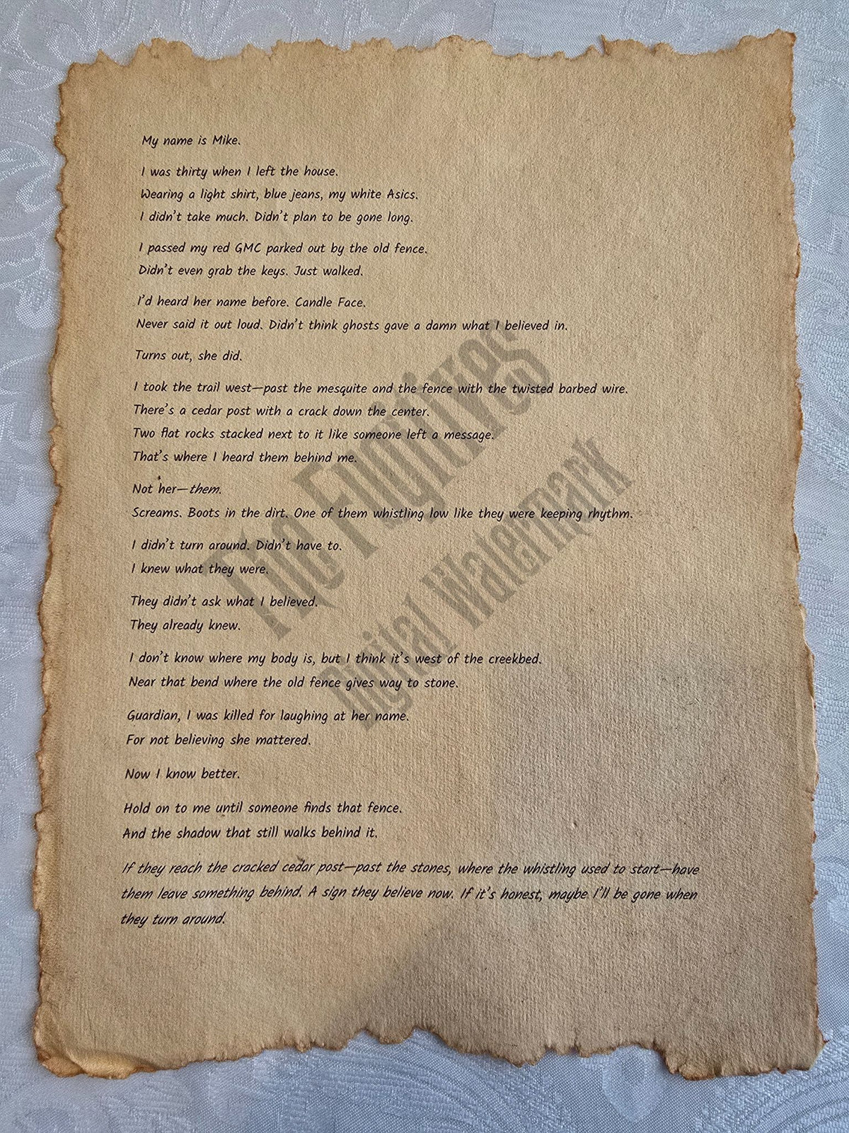 Mike: Fugitive scroll from the Candle Face Chronicles printed on aged parchment with burned edges.
