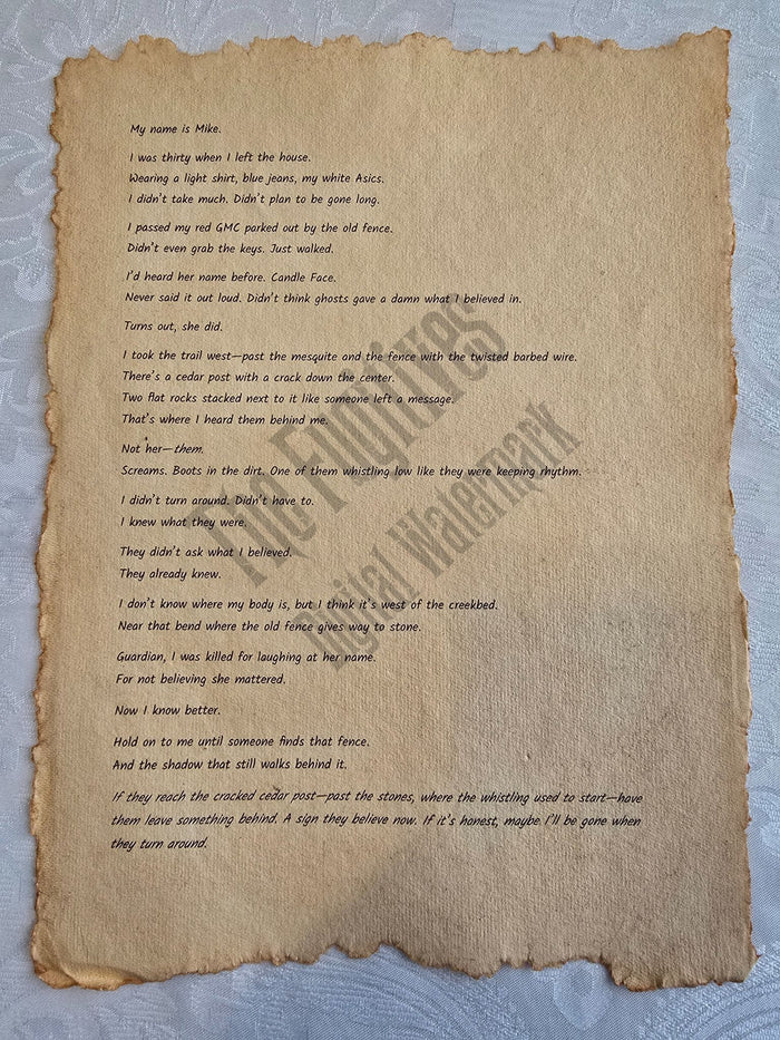 Mike: Fugitive scroll from the Candle Face Chronicles printed on aged parchment with burned edges.