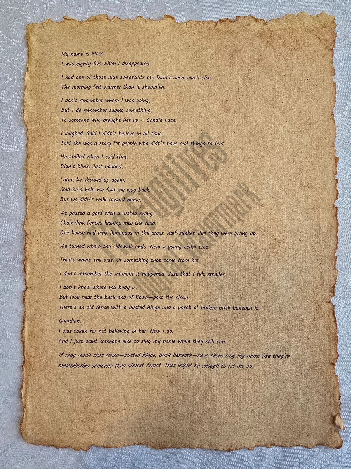 Mose: Fugitive scroll from the Candle Face Chronicles printed on aged parchment with burned edges.