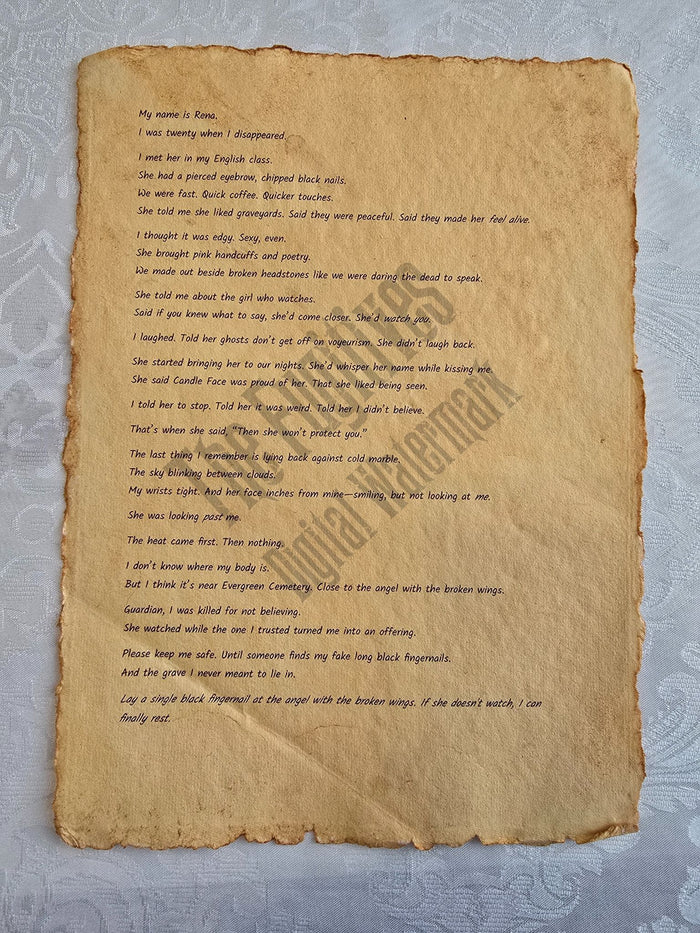 Rena: Fugitive scroll from the Candle Face Chronicles printed on aged parchment with burned edges.