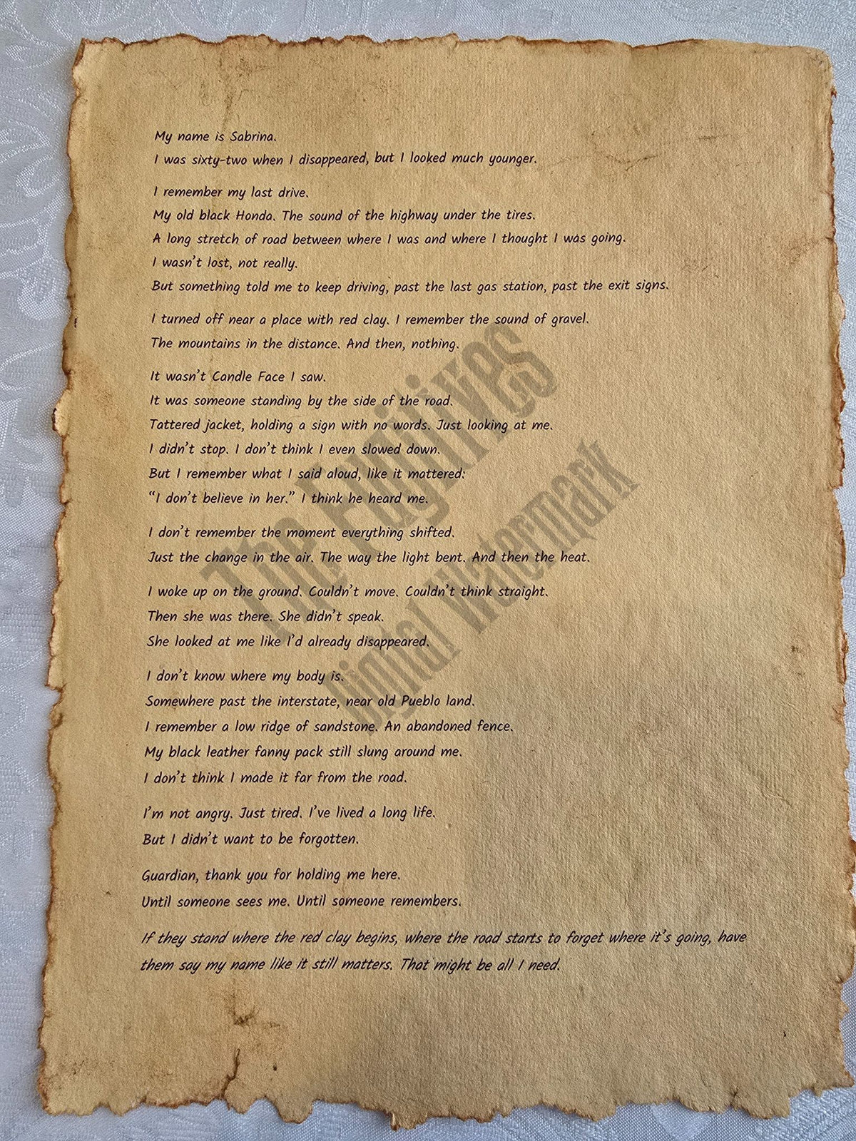 Sabrina: Fugitive scroll from the Candle Face Chronicles printed on aged parchment with burned edges.