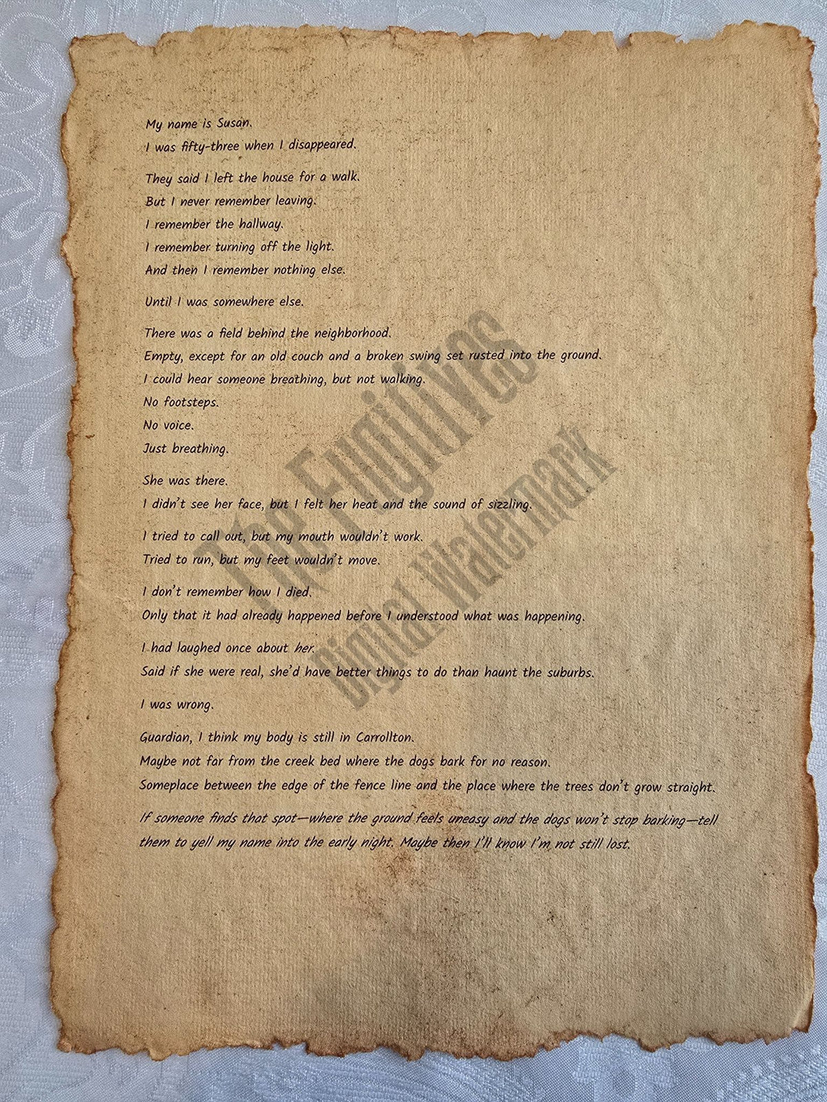 Susan: Fugitive scroll from the Candle Face Chronicles printed on aged parchment with burned edges.