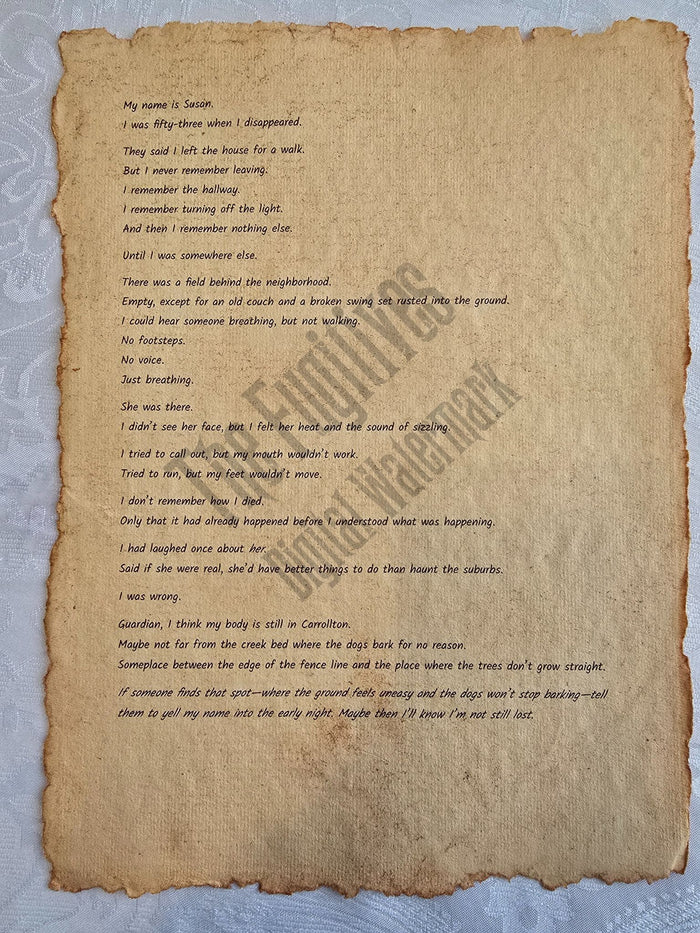 Susan: Fugitive scroll from the Candle Face Chronicles printed on aged parchment with burned edges.
