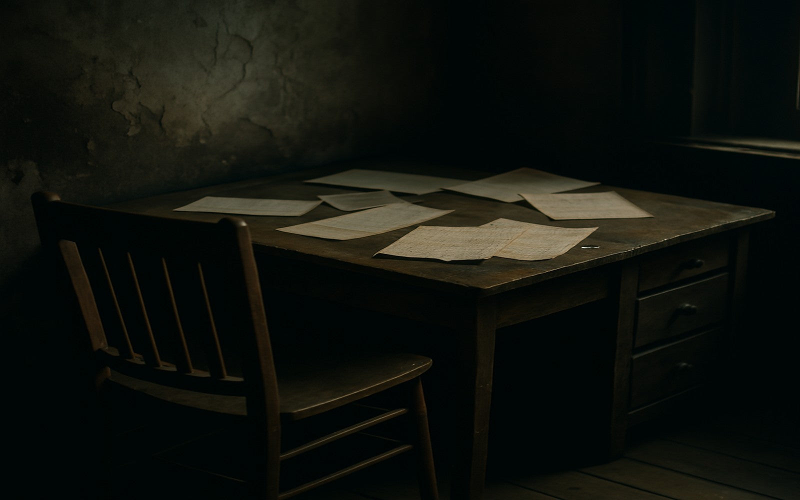 Dark room with a wooden desk and chair, covered in papers.