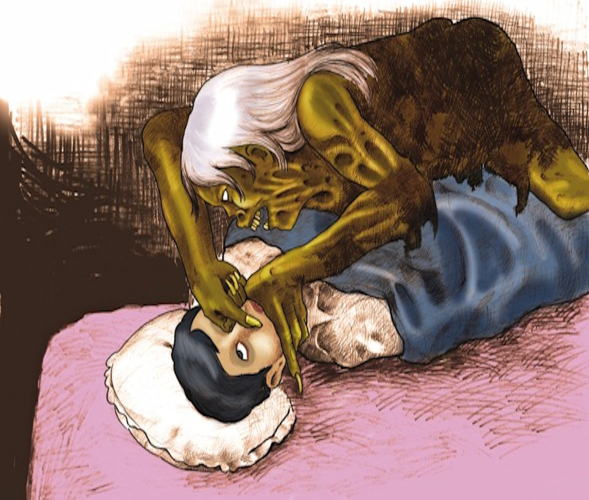 Candle Face holds Ray’s mouth and nose shut as he lies in bed, from The Empty Lot Next Door.