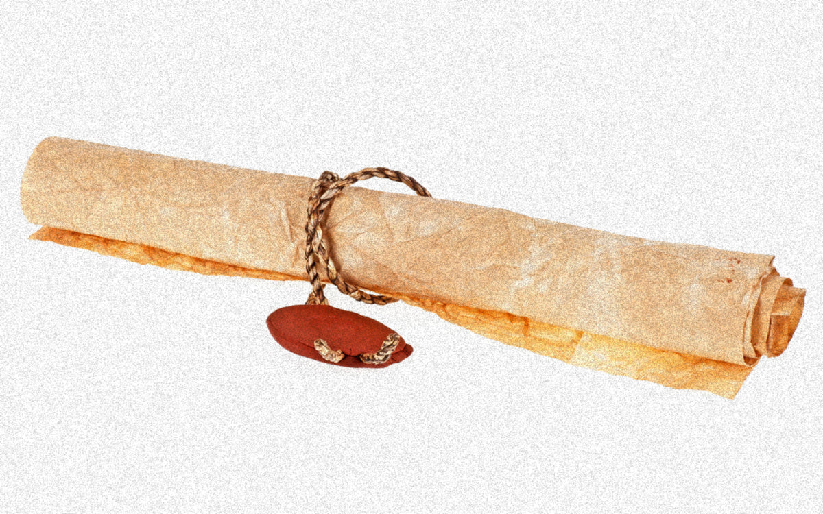 Rolled parchment scroll tied with braided cord and red wax seal, representing a Fugitive scroll.
