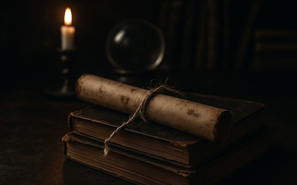 Vintage books and a rolled-up scroll on a dark background with a candle.