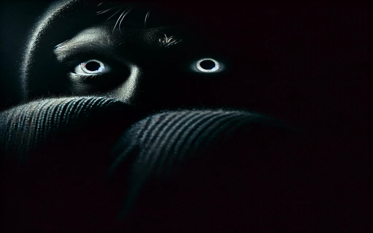 A Fugitive from Candle Face Chronicles, a frightened face in darkness with glowing eyes.