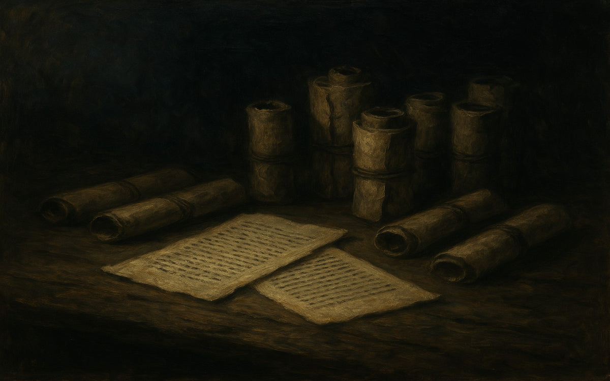 Fugitive scrolls on a dark desk.