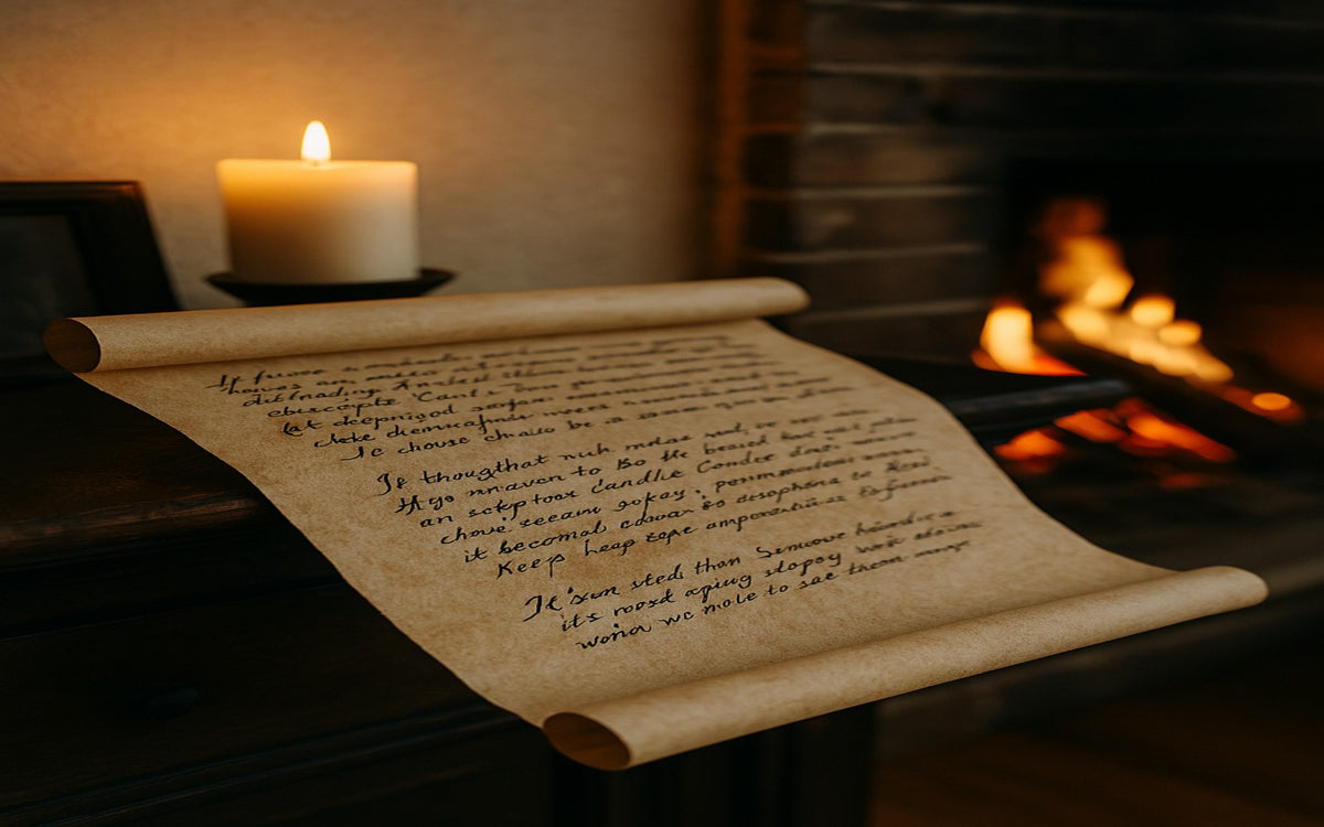 An unrolled Fugitive scroll on a table with a candle and fireplace in the background.
