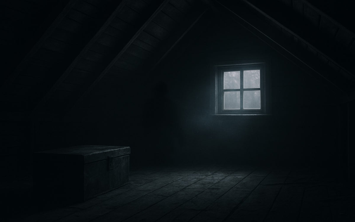 Dimly lit attic with a sealed trunk and a faint shadowy figure near a fogged window.