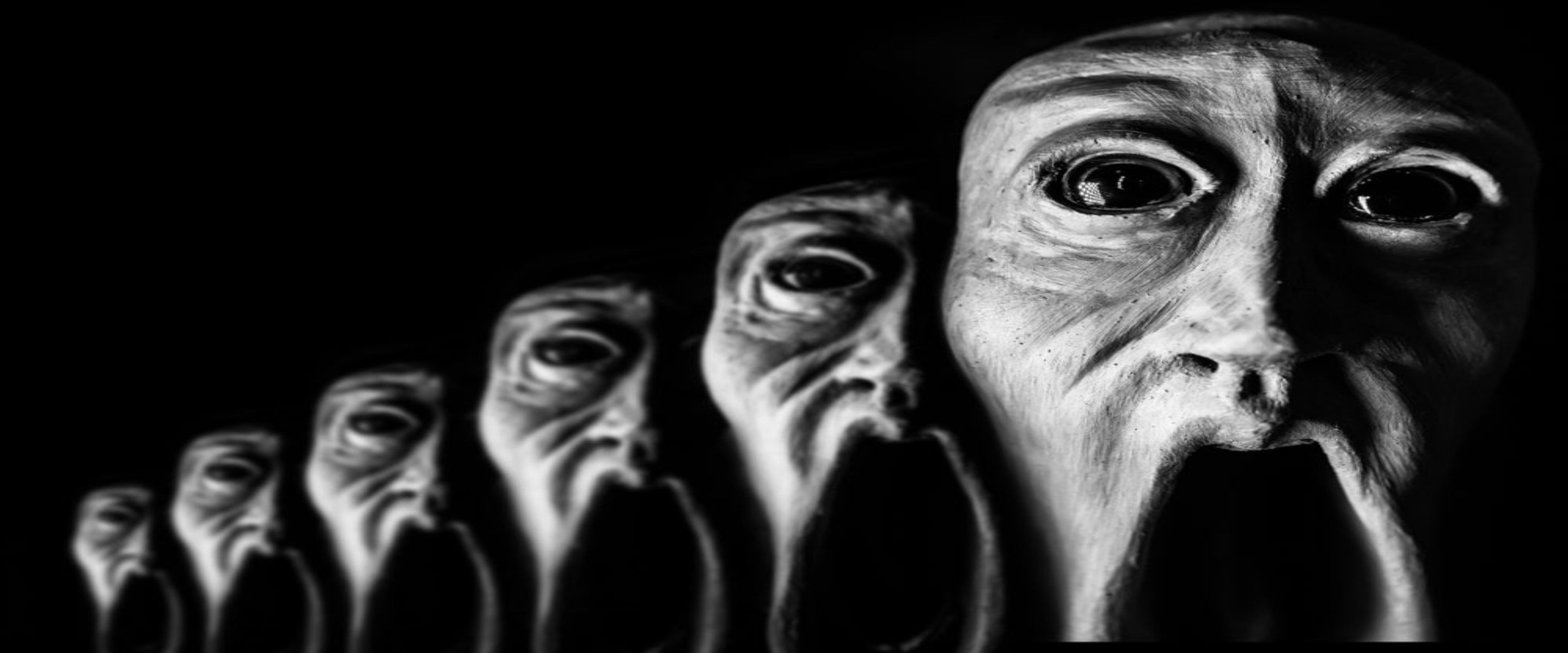 The Lost Souls from Candle Face Chronicles, ghostly faces in a dark line with hollow eyes and open mouths.
