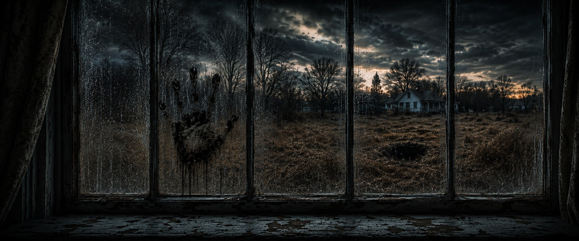 Handprint on a window with a dark, eerie landscape outside.