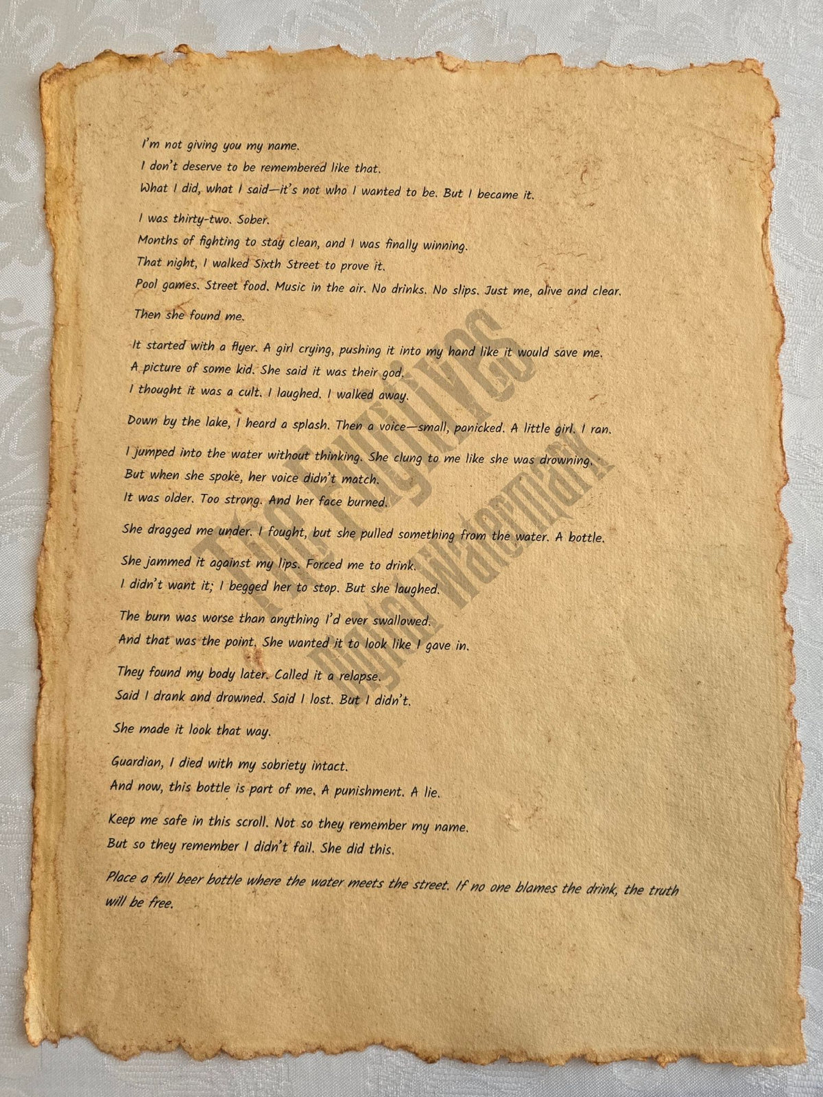Unnamed14: Fugitive scroll from the Candle Face Chronicles printed on aged parchment with burned edges.