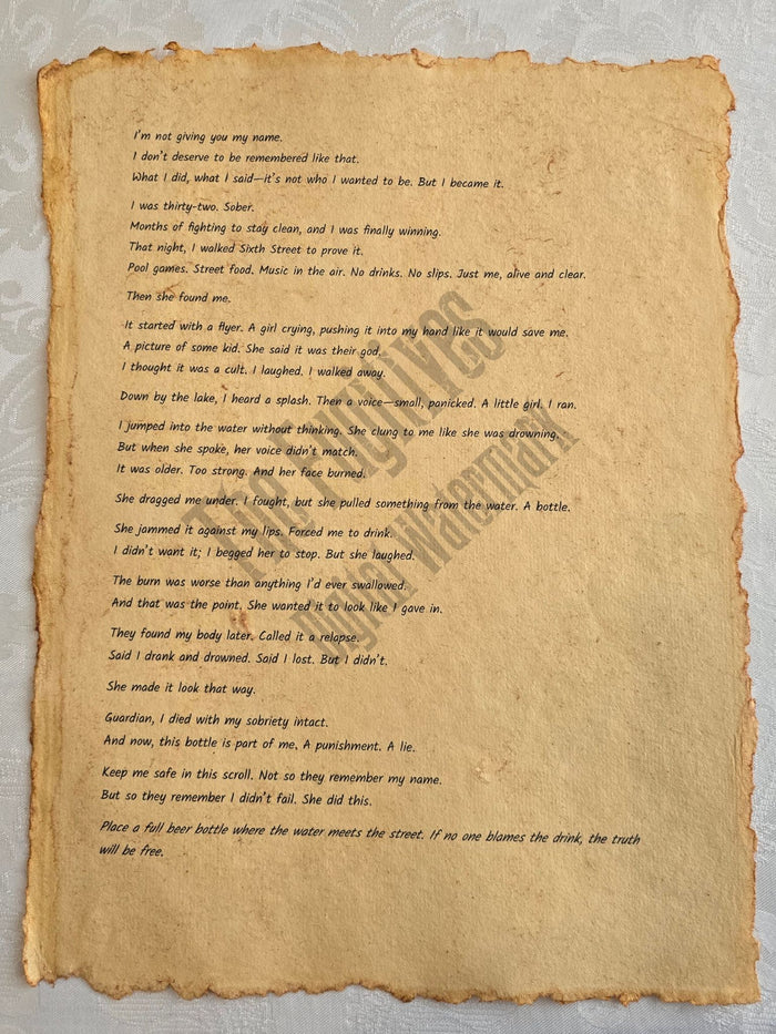 Unnamed14: Fugitive scroll from the Candle Face Chronicles printed on aged parchment with burned edges.