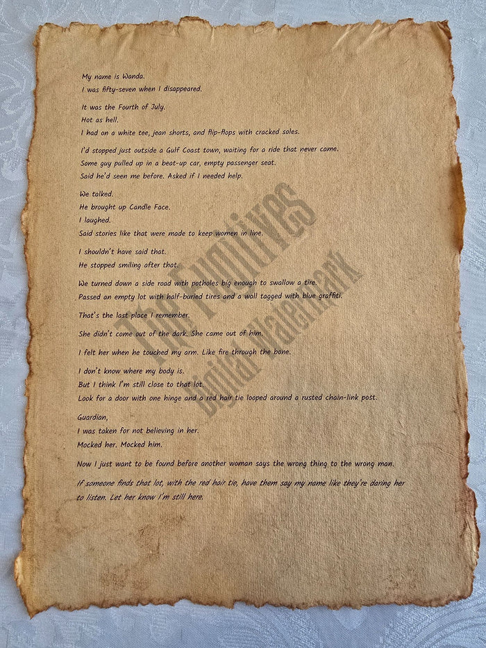 Wanda: Fugitive scroll from the Candle Face Chronicles printed on aged parchment with burned edges.